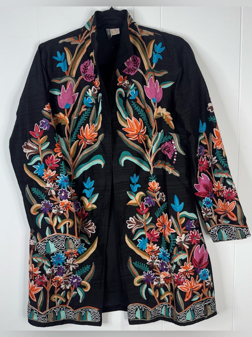 ANU 100% Silk Embroidered Open-Front Floral Jacket Womens Small